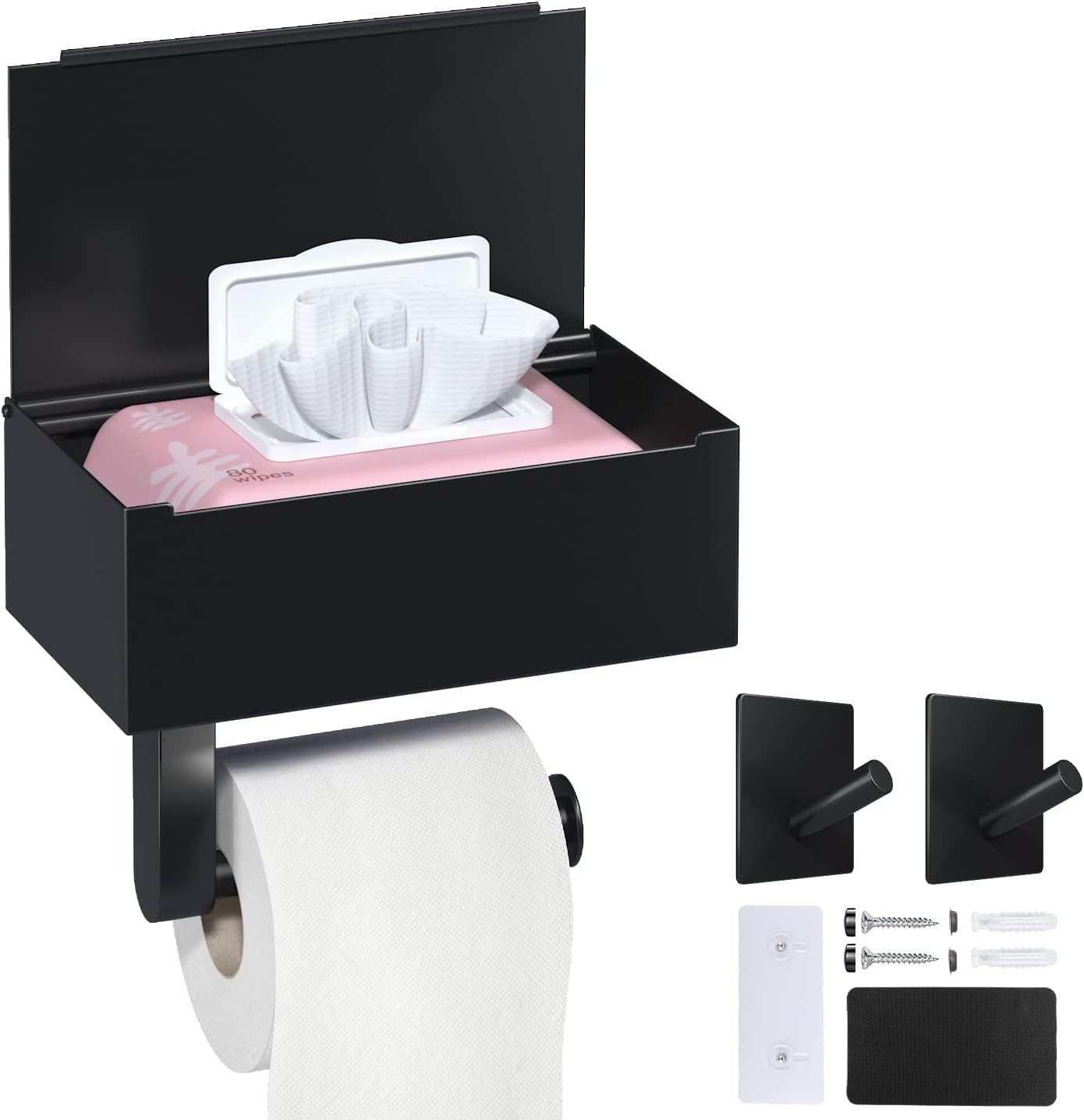 Heatigo Toilettenpapierhalter Schwarz Heatigo Toilettenpapierhalter Schwarz – Selbstklebend oder Bohren, mit Feuchttücherbox & Ablage