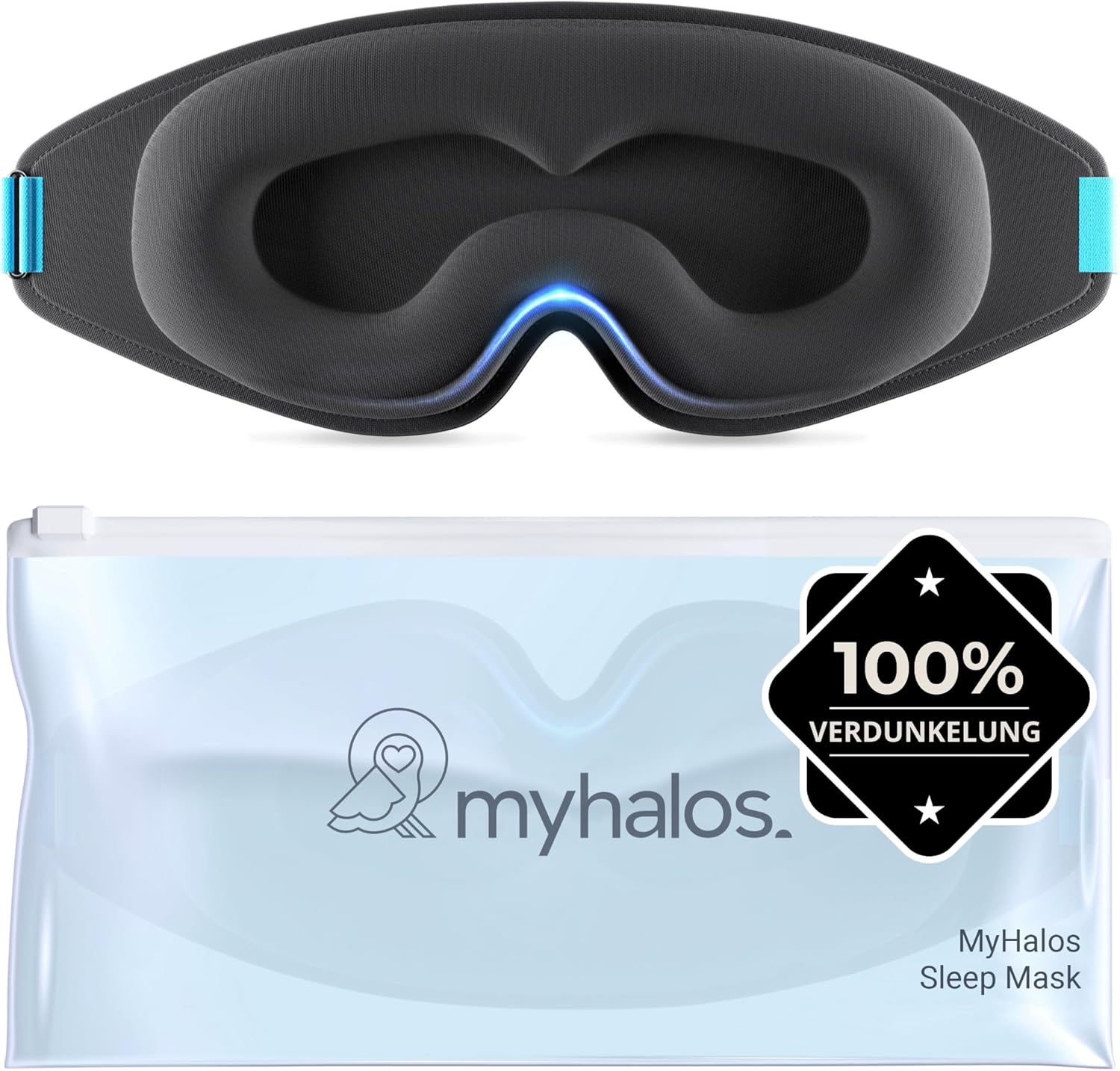 MyHalos® 3D Schlafmaske Schwarz – Lichtdicht & Druckfrei mit Etui