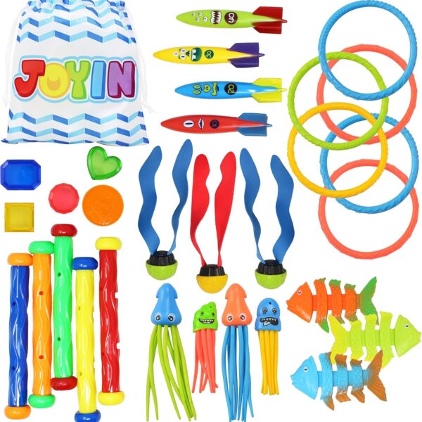 JOYIN 30-tlg. Tauchspielzeug Set für Kinder – Unterwasserspass mit Ringen, Stäben, Schätzen & mehr