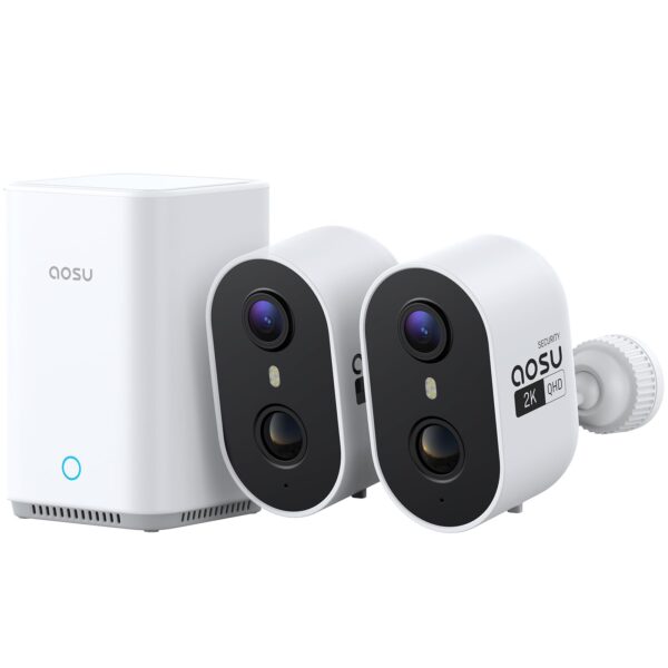 aosu 2K Überwachungskamera Aussen 2er-Kit mit Aosubase 2.0 – Akku, kein ABO, 32GB Speicher