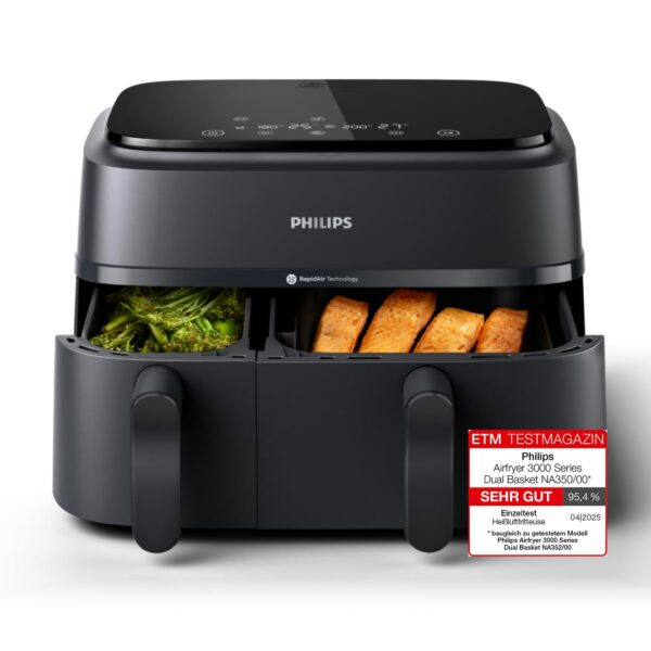 Philips Airfryer Dual Basket 3000 Series – 9L Heißluftfritteuse mit 2 Garkörben & RapidAir Plus