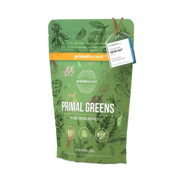 Primal Harvest Super Greens Pulver mit 27 Pflanzenstoffen – Spirulina & Weizengras, 30 Portionen