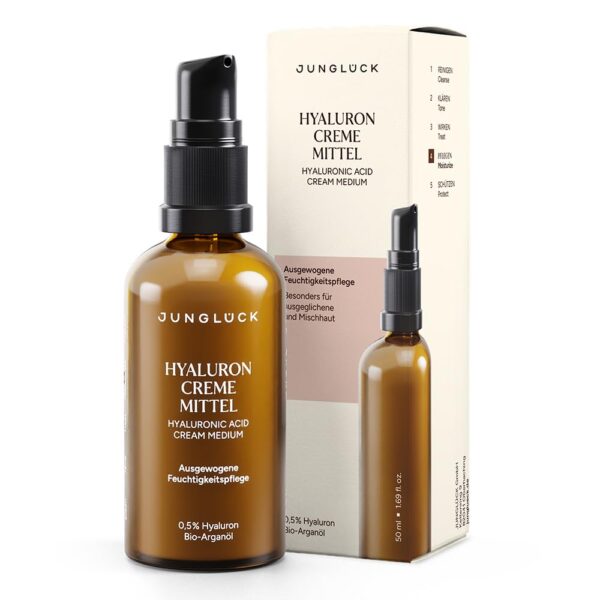 junglück Hyaluron Creme Mittel – Well-Aging Feuchtigkeitscreme mit 0,5% Hyaluronsäure, BIO Aloe Vera & BIO Arganöl für Mischhaut