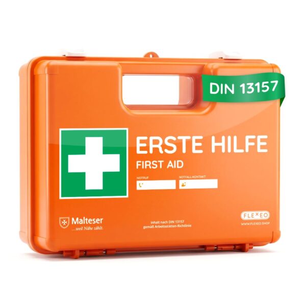 FLEXEO Erste-Hilfe-Koffer DIN 13157:2021 – Verbandkasten gefüllt mit Wandhalterung für Betrieb & Zuhause