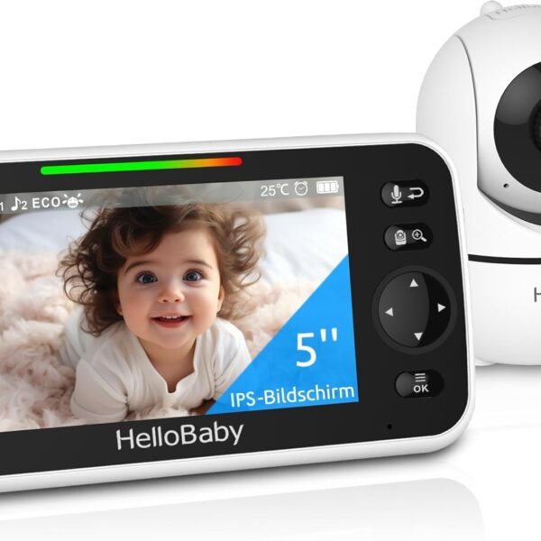 HelloBaby Babyphone HB6550 mit 5-Zoll Display, 355° Kamera & 30h Akku – Sicheres Videophone ohne WLAN