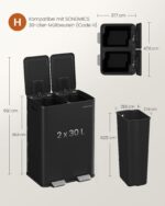 SONGMICS Tretmülleimer 2 x 30 L mit Softclose – Doppel-Abfalleimer für die Küche – Bild 4