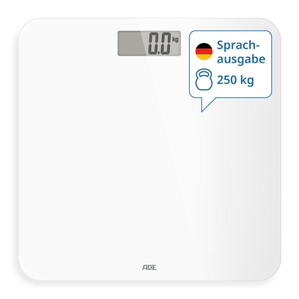 ADE Sprechende Personenwaage bis 250 kg – Digitale Körperwaage mit Sprachausgabe für Senioren