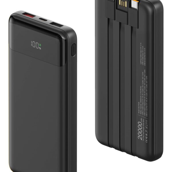 Sprockly Powerbank 20000 mAh mit 3 integrierten Kabeln – 22,5 W Schnellladung für alle Geräte