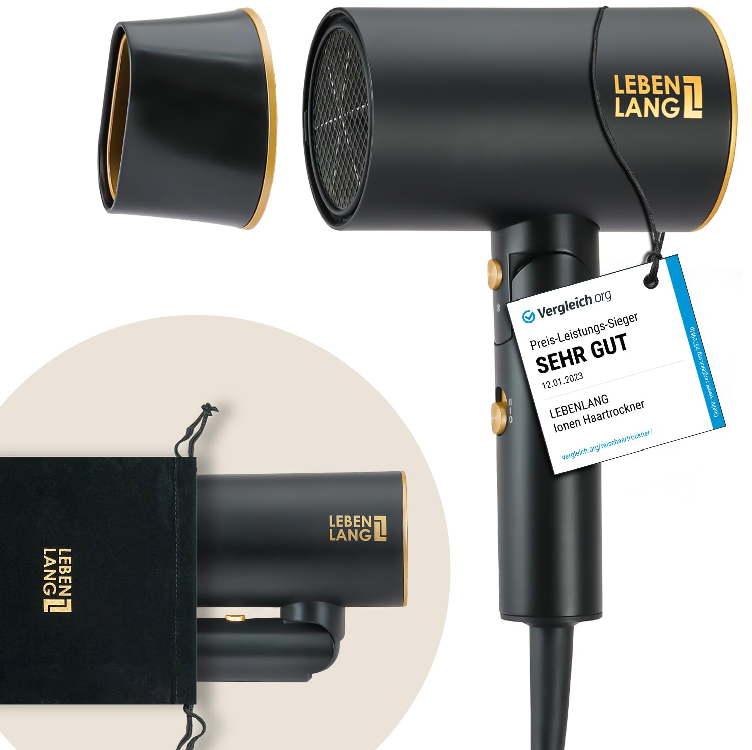 61ABRdl5MWL._SY1495_.jpg LEBENLANG 2100W Ionen-Föhn mit Kaltluft – Klappbarer Reiseföhn für glänzendes Haar – Bild 1