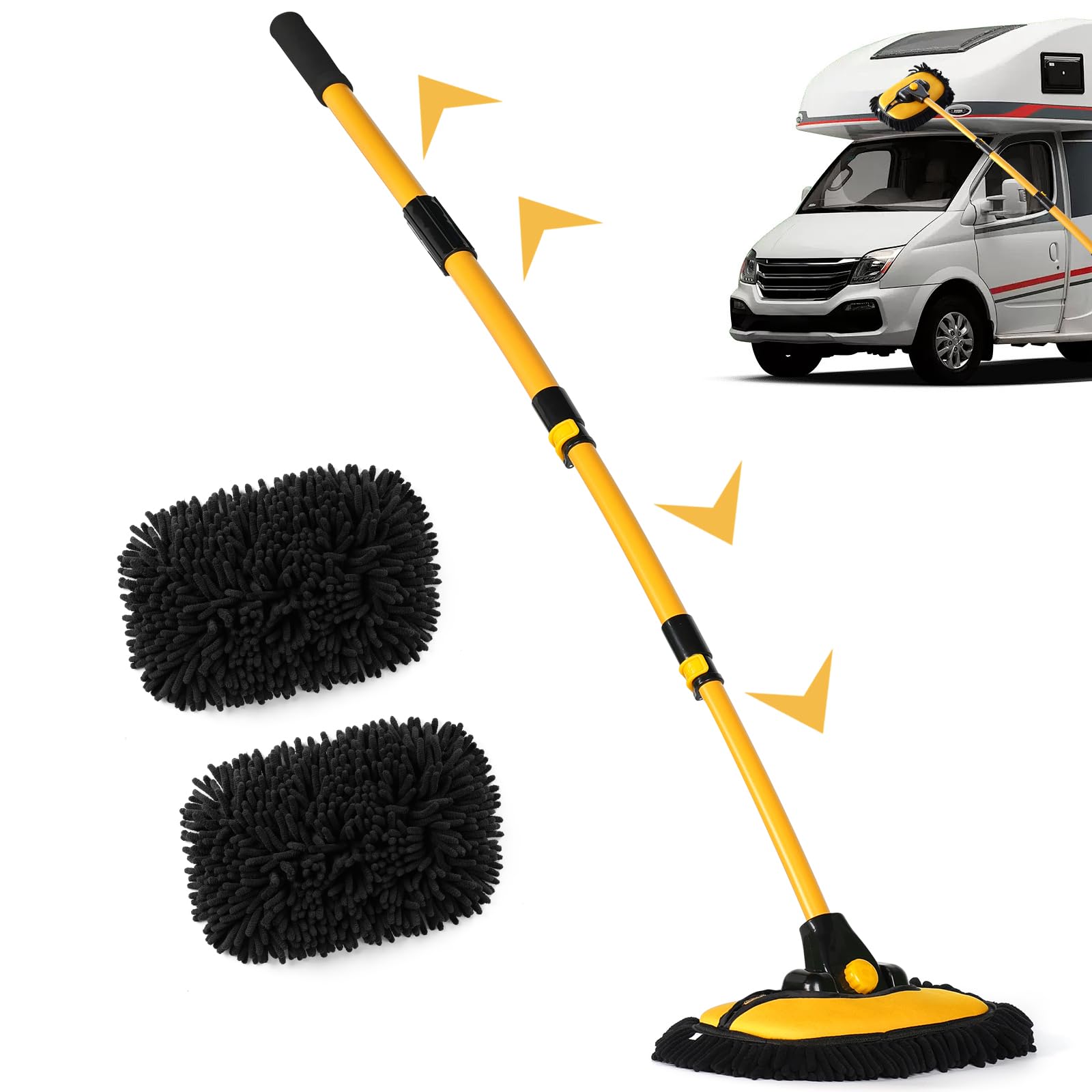 61BwTIbY2BL._SY1600_.jpg Teleskop-Waschbürste 144 cm mit 15° Bogen & Mikrosfaser-Mopköpfen – Kratzerfreie Autoreinigung – Bild 1
