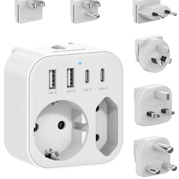 SUDEERY 6-in-1 Reiseadapter weltweit mit 2 USB-C & 2 USB-A – Universalstecker für 150+ Länder