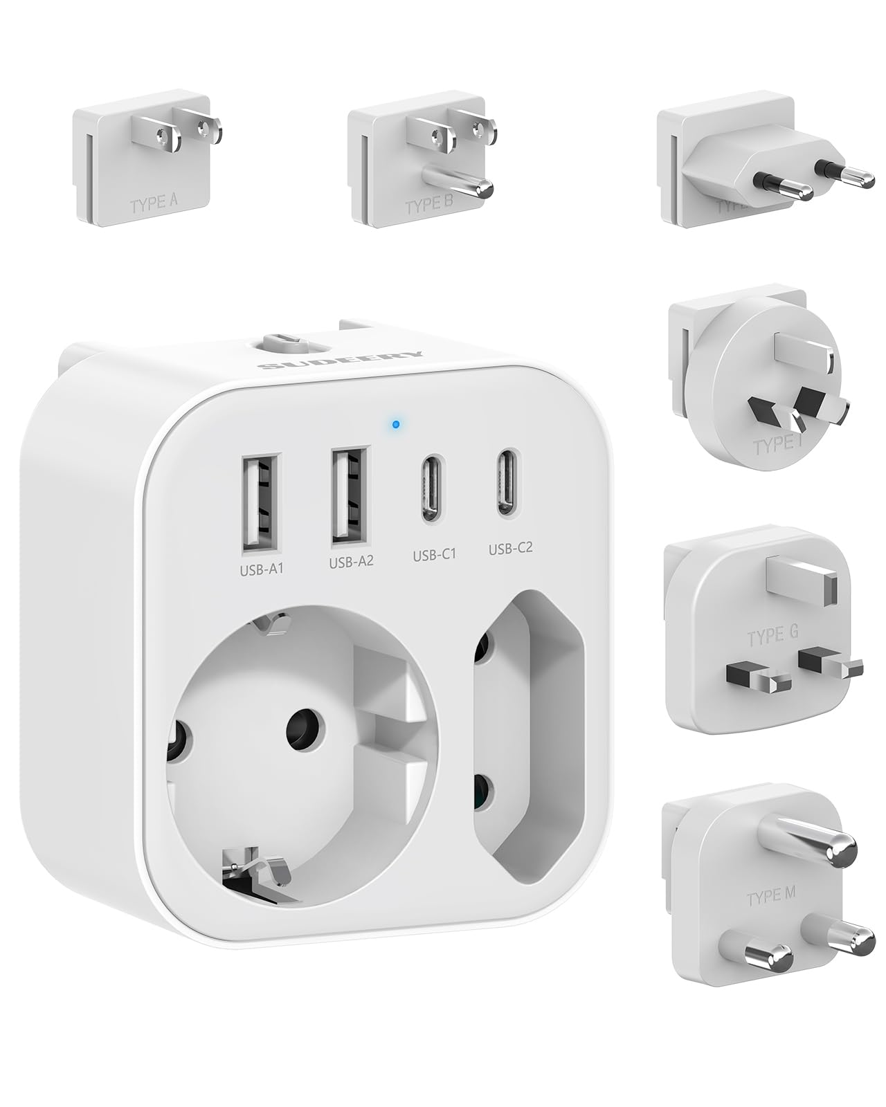 61EPBJE9t4L._SY1600_.jpg SUDEERY 6-in-1 Reiseadapter weltweit mit 2 USB-C & 2 USB-A – Universalstecker für 150+ Länder – Bild 1