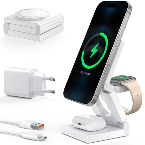Ziweo 3-in-1 MagSafe Ladestation faltbar – 15W Schnellladen für iPhone, Watch & AirPods