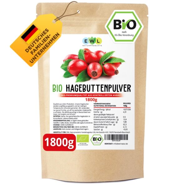 EWL BIO Hagebuttenpulver 1,8 kg – Rohkostqualität aus ganzen Früchten, vegan & ohne Zusätze