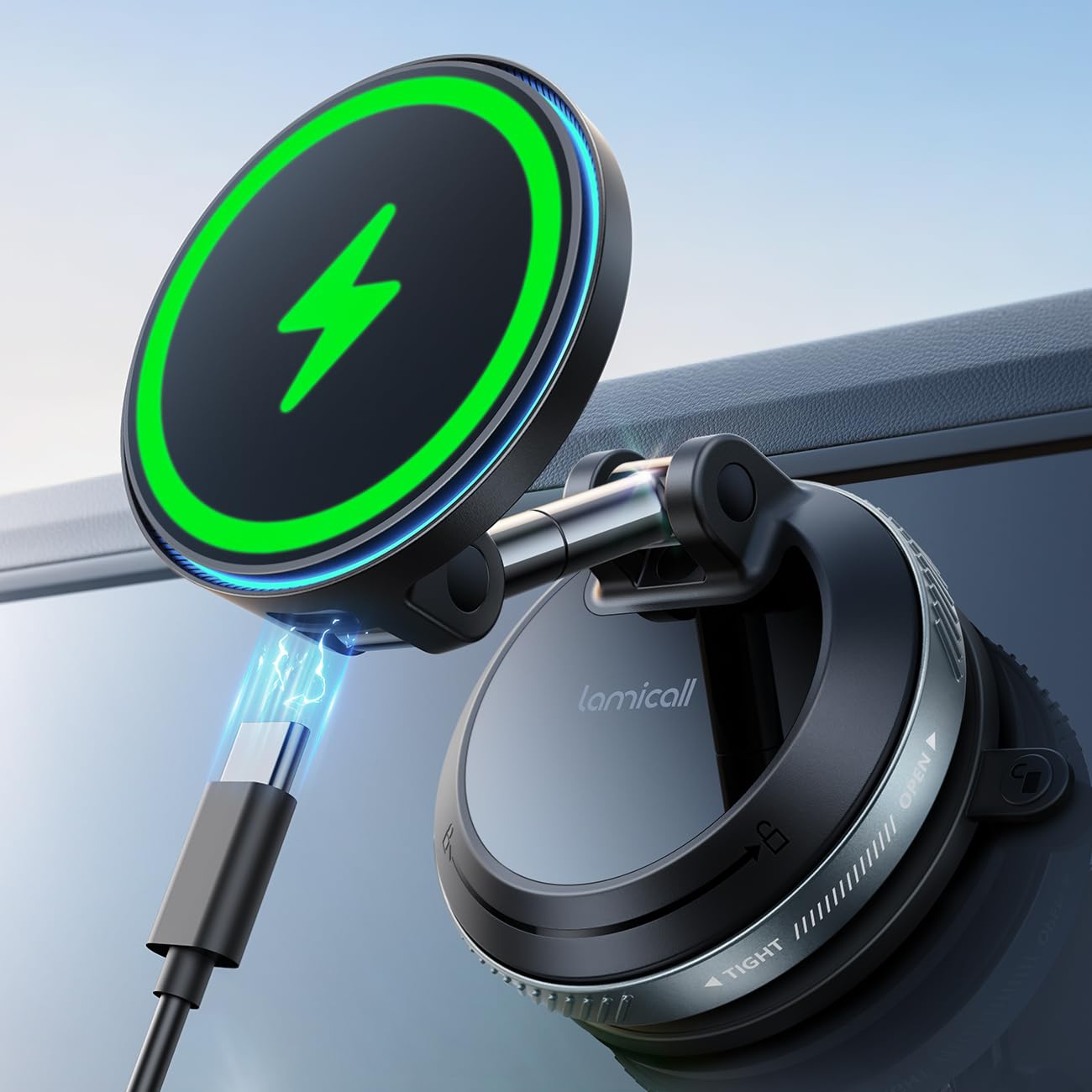 61F8RMzMooL._SY1300_.jpg Lamicall 15W MagSafe Autohalterung mit kabelloser Ladefunktion – Magnetische Handyhalterung mit Vakuum-Saugnapf – Bild 1