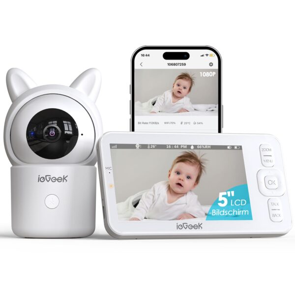 ieGeek Babyphone 1080P mit 5" Display, App & PTZ 355° – Videobabyfon mit Nachtsicht
