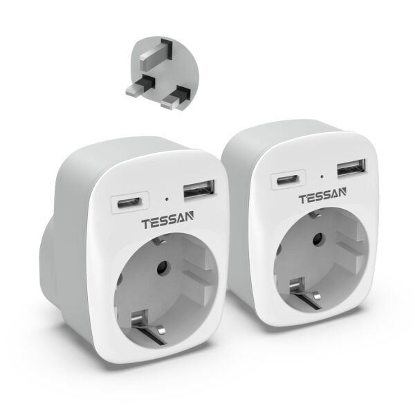 TESSAN 2er Pack Reiseadapter Typ G – 3 in 1 UK Stecker mit USB C & USB A für Grossbritannien