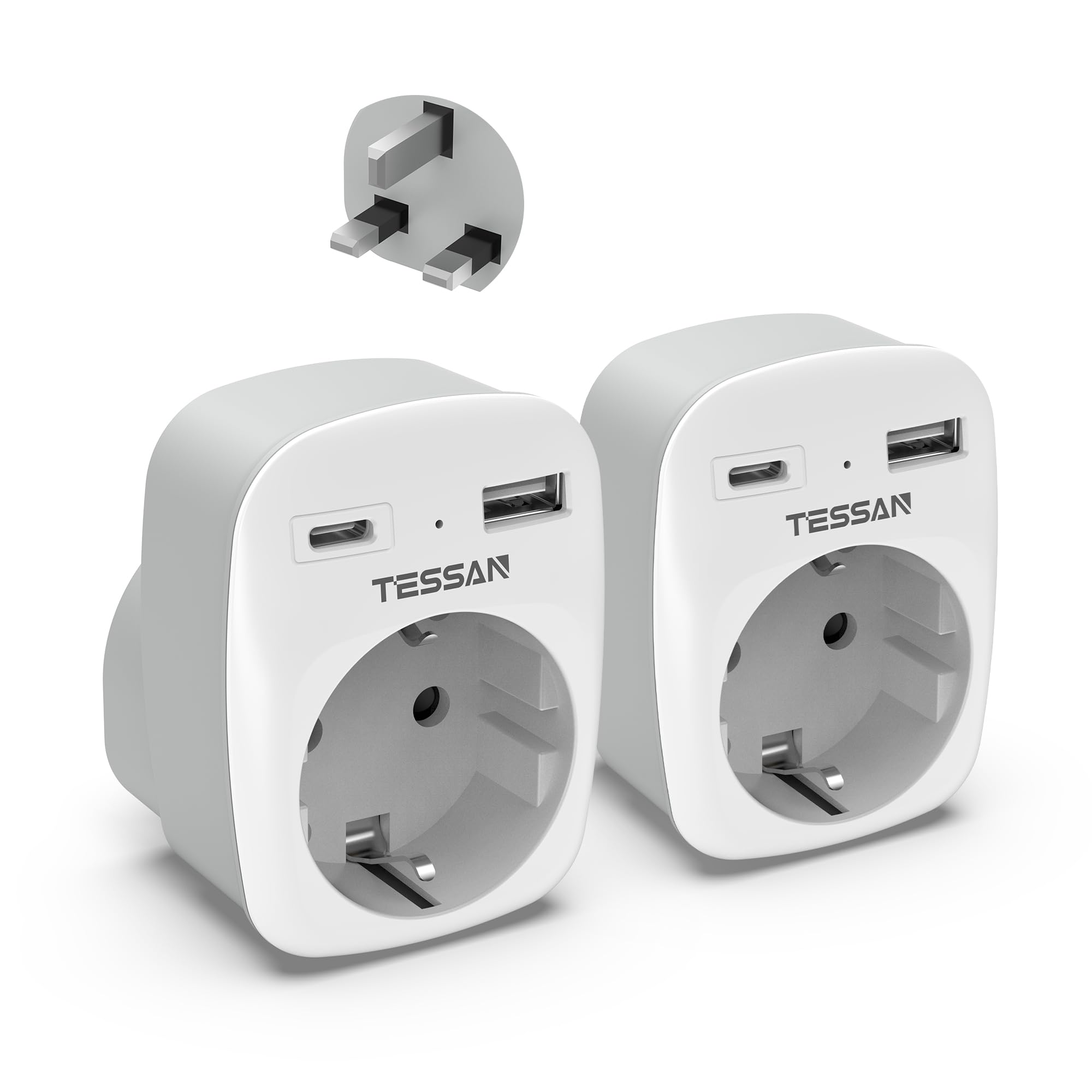 61GFCoBuevL._SY2000_.jpg TESSAN 2er Pack Reiseadapter Typ G – 3 in 1 UK Stecker mit USB C & USB A für Grossbritannien – Bild 1