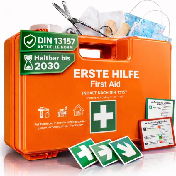 HELDENWERK® Erste-Hilfe-Kasten DIN 13157:2021 mit Wandhalterung – Verbandskasten für Betrieb & Haushalt