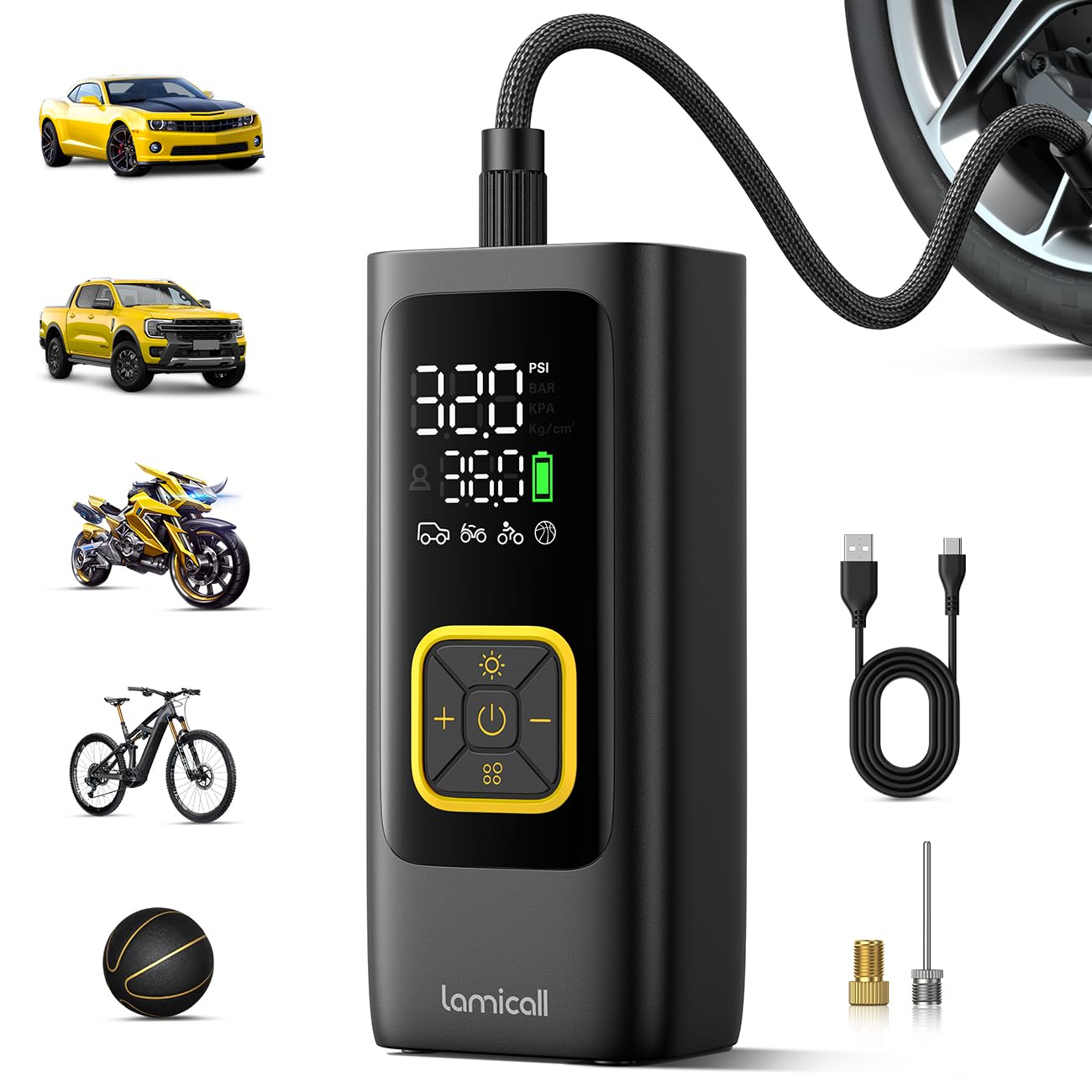 61HodKK0ijL._SY1300_.jpg Lamicall Elektrische Luftpumpe 150PSI – Akku Kompressor für Auto, Fahrrad & Motorrad – Bild 1