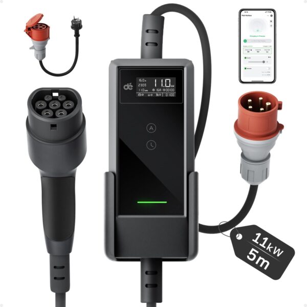 dé Mobile Wallbox 11kW mit APP – intelligente EV-Ladestation 5,5m Typ 2 Kabel
