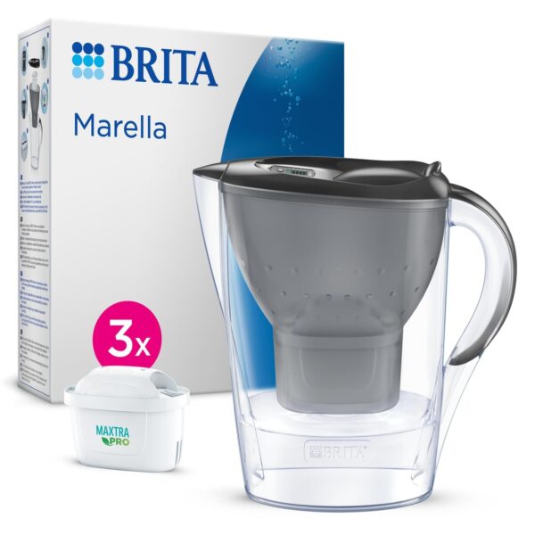 BRITA Marella Wasserfilterkanne 2,4l mit 3x MAXTRA PRO Kartusche – Filtert PFAS, Grau