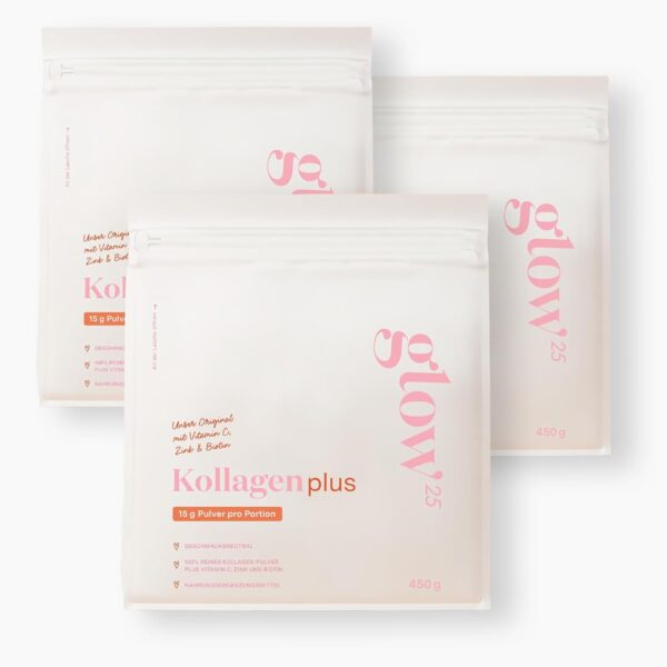 Glow25 Kollagen Plus Pulver 3x450g – Hydrolysat mit Vitamin C, Zink & Biotin