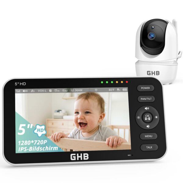 GHB Babyphone 5 Zoll 720P HD mit Infrarot-Nachtsicht & 168h Akkulaufzeit – Sicheres Babyphon