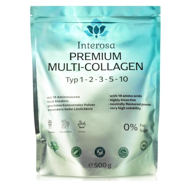 INTEROSA Collagen Pulver 500 g – Multi-Kollagen-Complex mit 5 Typen für Haut & Gelenke