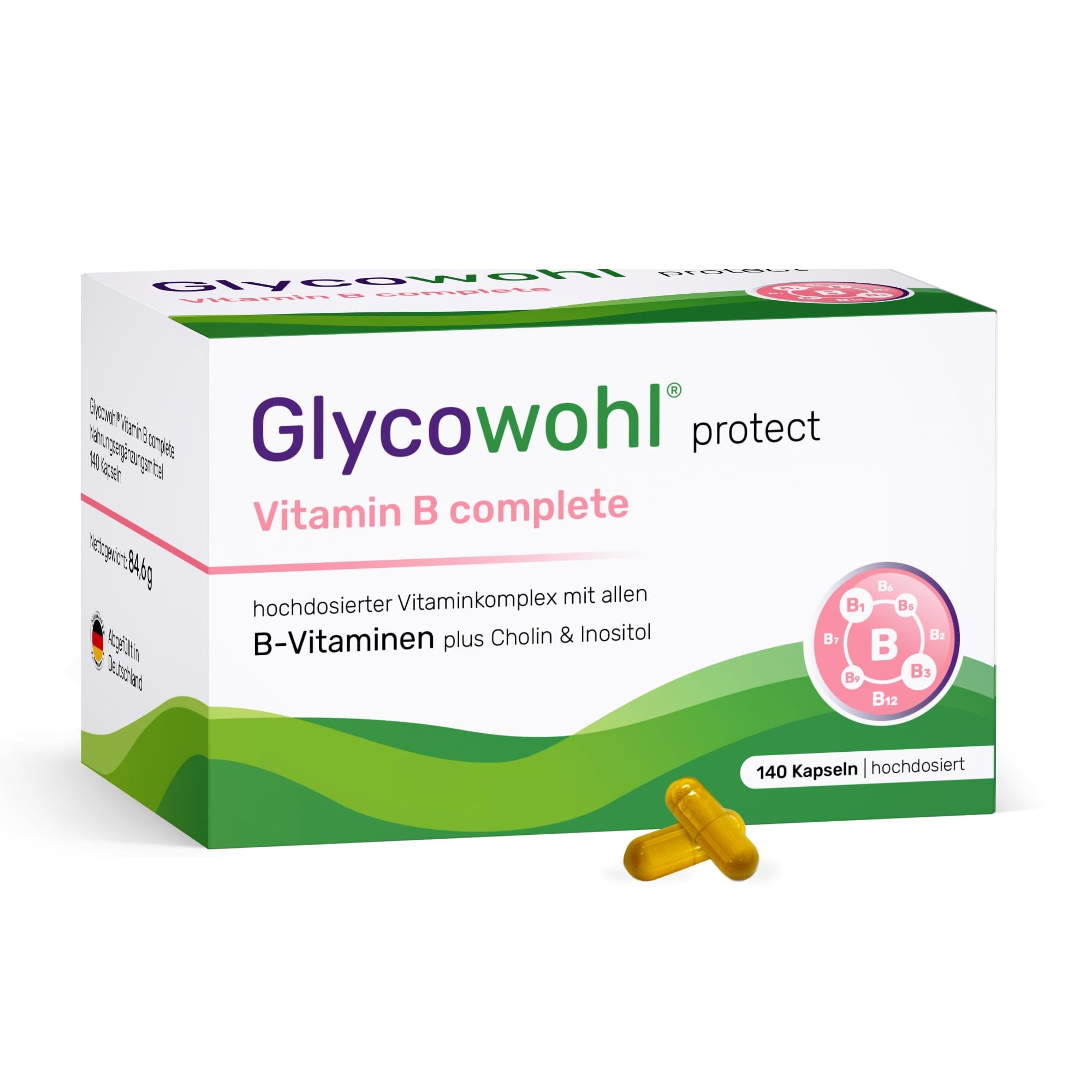 61QrQIEbrnL._SY2000_.jpg Glycowohl Vitamin B Komplex hochdosiert – 140 Kapseln mit allen 8 B-Vitaminen – Bild 1