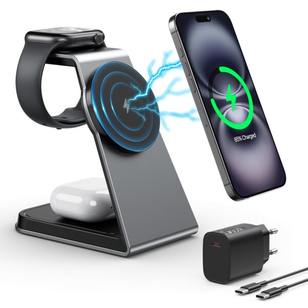 AOWIN 3-in-1 Ladestation – 15W kabelloses Laden für iPhone, Apple Watch & AirPods