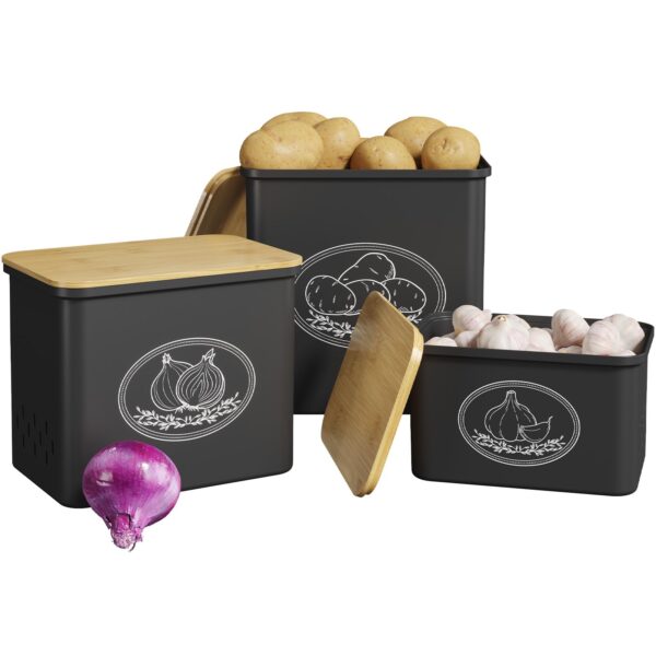 Lifewit 3er Set Aufbewahrungsboxen für Kartoffel, Zwiebel & Knoblauch – Stapelbar mit Bambusdeckel