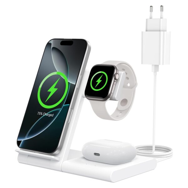 WATOE 3in1 Ladestation für iPhone, Apple Watch & AirPods – 15W Schnellladen Weiss