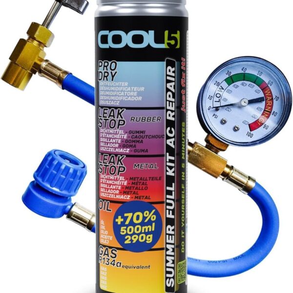 Cool5 R134a Klimaanlagen-Kältemittel 290g mit Druckleitung & Manometer – 5in1 Nachfüllset