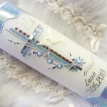Taufkerze & Kommunionkerze 250/70 mm Hellblau-Silber mit Zubehör – Selbstbeschriftung