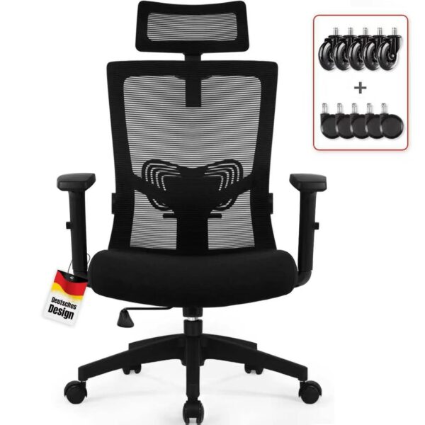 Daccormax Ergonomischer Bürostuhl mit Kopfstütze & Lendenwirbelstütze – Drehstuhl bis 135° für 150 kg