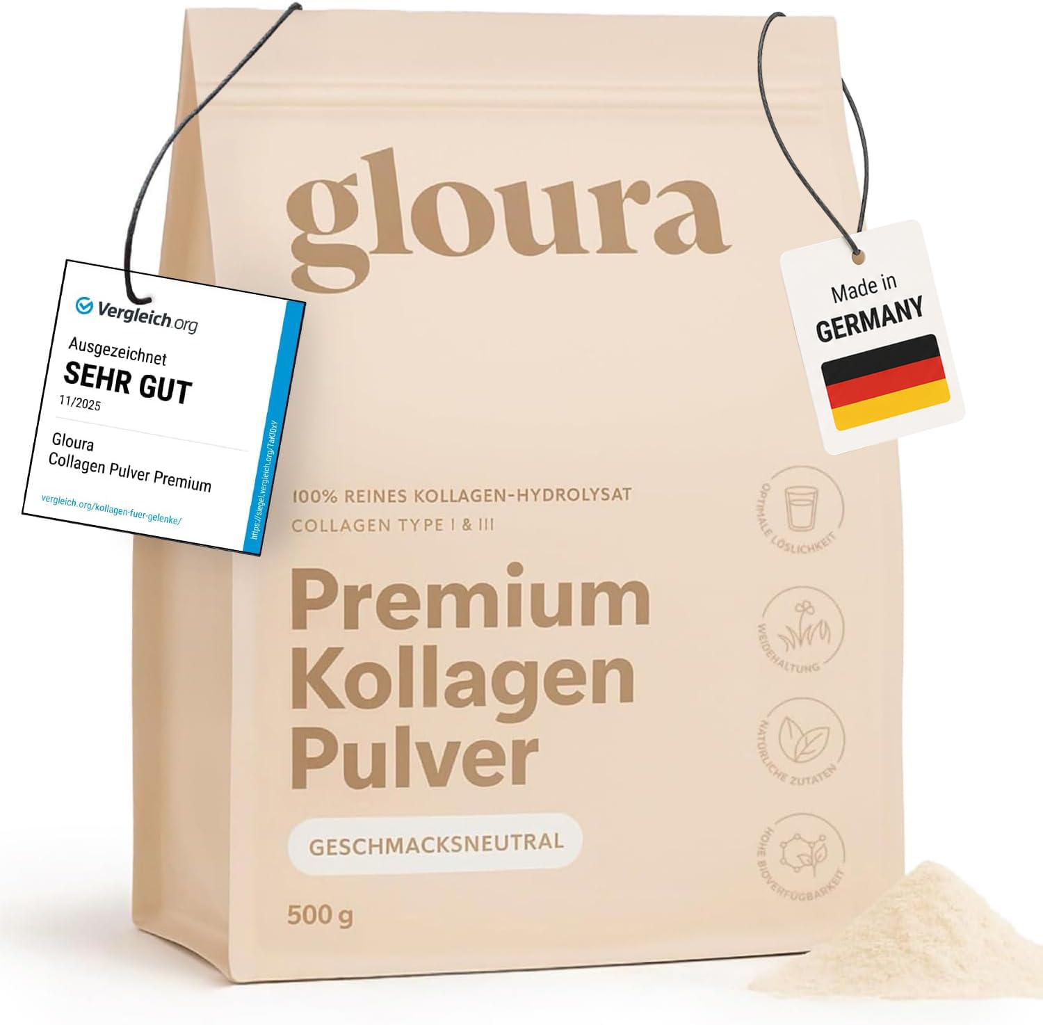 61XjGJmw64L._SY1474_.jpg Gloura Premium Kollagen Pulver 500g – Typ 1 & 3 Hydrolysat für Haut & Bindegewebe – Bild 1