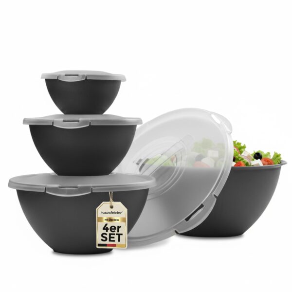 Hausfelder Salatschüssel Set 8-tlg. – 4 Kunststoffschüsseln mit Deckel & Tragegriff