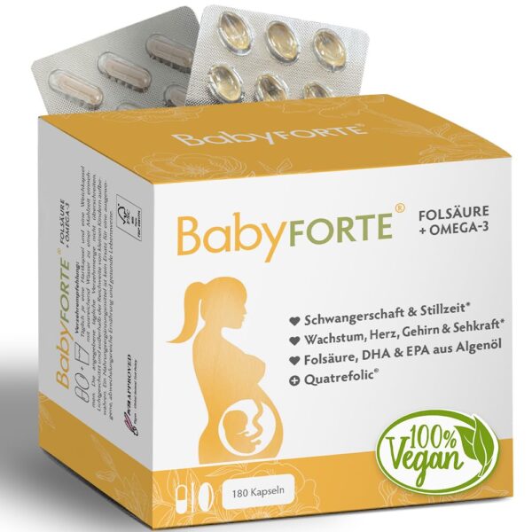 BabyFORTE Folsäure + Omega-3 Algenöl – 180 Kapseln für Schwangerschaft & Stillzeit