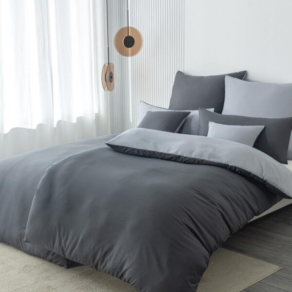 Nesture Bettwäsche 135x200 4teilig Anthrazit/Grau – Microfaser Wendeset mit Reissverschluss