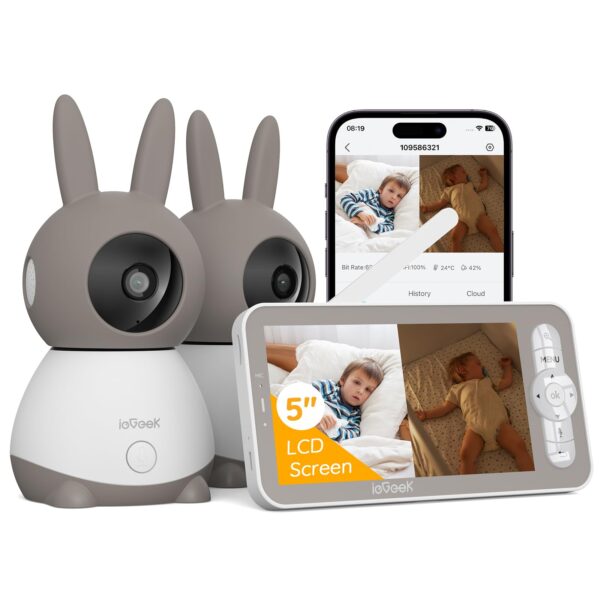 ieGeek Babyphone mit 2 Kameras 2K/3MP, 5'' Monitor – PTZ 355° & Auto-Tracking