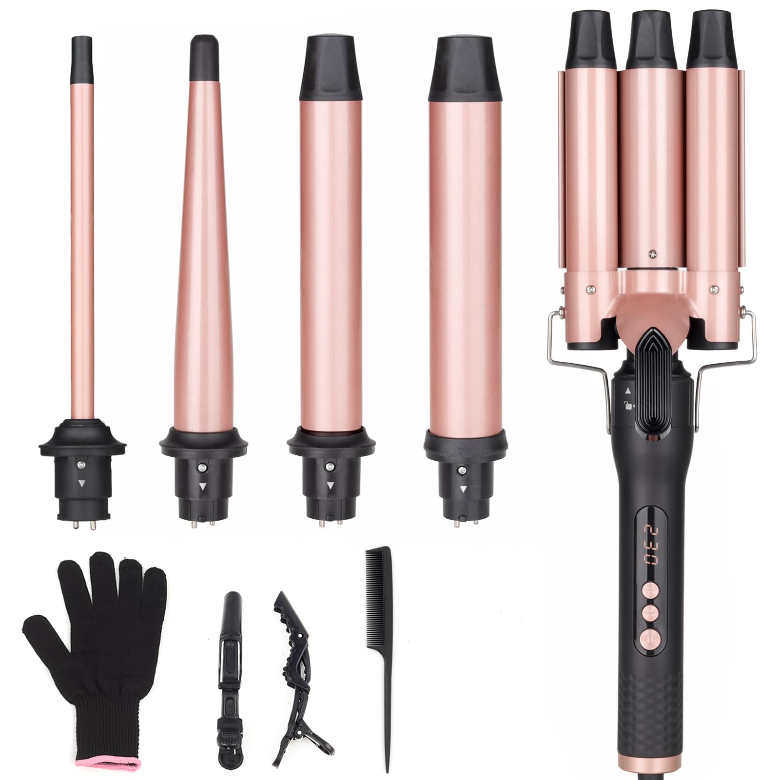 61oD8YpeThL._SY1600_.jpg UNOBEY 5-in-1 Lockenstab-Set mit 4 austauschbaren Keramik-Fässern – Locken & Beach Waves für alle Haarlängen – Bild 1