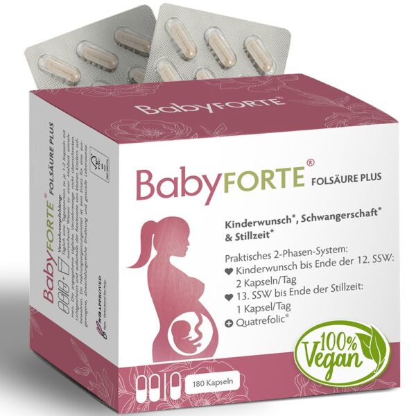 BabyFORTE FolsäurePlus – 180 vegane Kapseln mit 16 Nährstoffen für Kinderwunsch & Schwangerschaft
