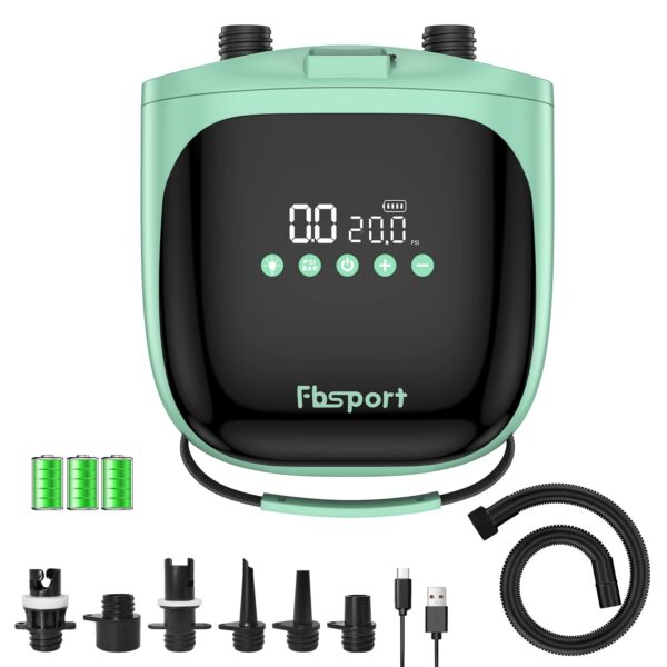FBSPORT Elektrische SUP Pumpe 20 PSI mit Akku – Hochdruck-Luftpumpe für Paddleboards
