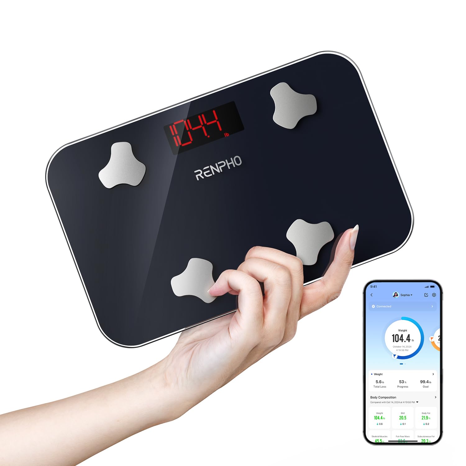 61pcigww4XL._SY1500_.jpg RENPHO Körperfettwaage Digital mit Bluetooth – 13 Gesundheitsmetriken bis 180kg – Bild 1