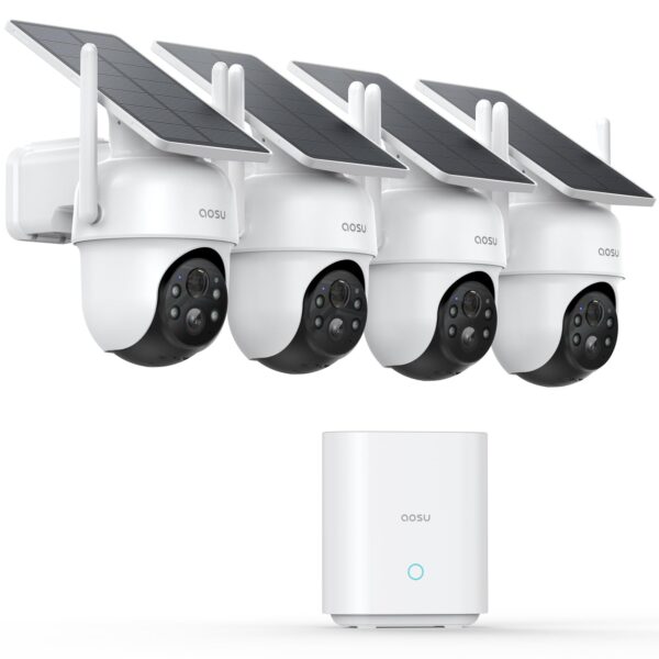aosu Solar Überwachungskamera 4er Set mit aosuBase – 360° PTZ, 2K, Auto-Tracking, Farb-Nachtsicht