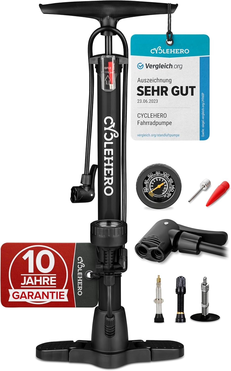 61qUHrNyhhL._SY1500_.jpg CYCLEHERO Fahrradpumpe 60 cm – Standluftpumpe für alle Ventile mit 10 Jahren Garantie – Bild 1