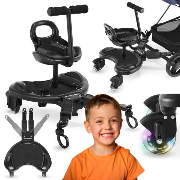 Moby-System Kinderwagenverlängerung mit Sitz & LED-Rädern – Universal Buggy Board für ältere Kinder