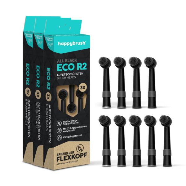 happybrush® Aufsteckbürsten AllBlack – 9er Set Aktivkohle-Borsten für rotierende Zahnbürsten