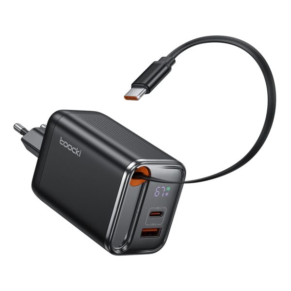 toocki 67W USB-C Schnellladegerät mit 3 Ports & einziehbarem Kabel – GaN Netzteil